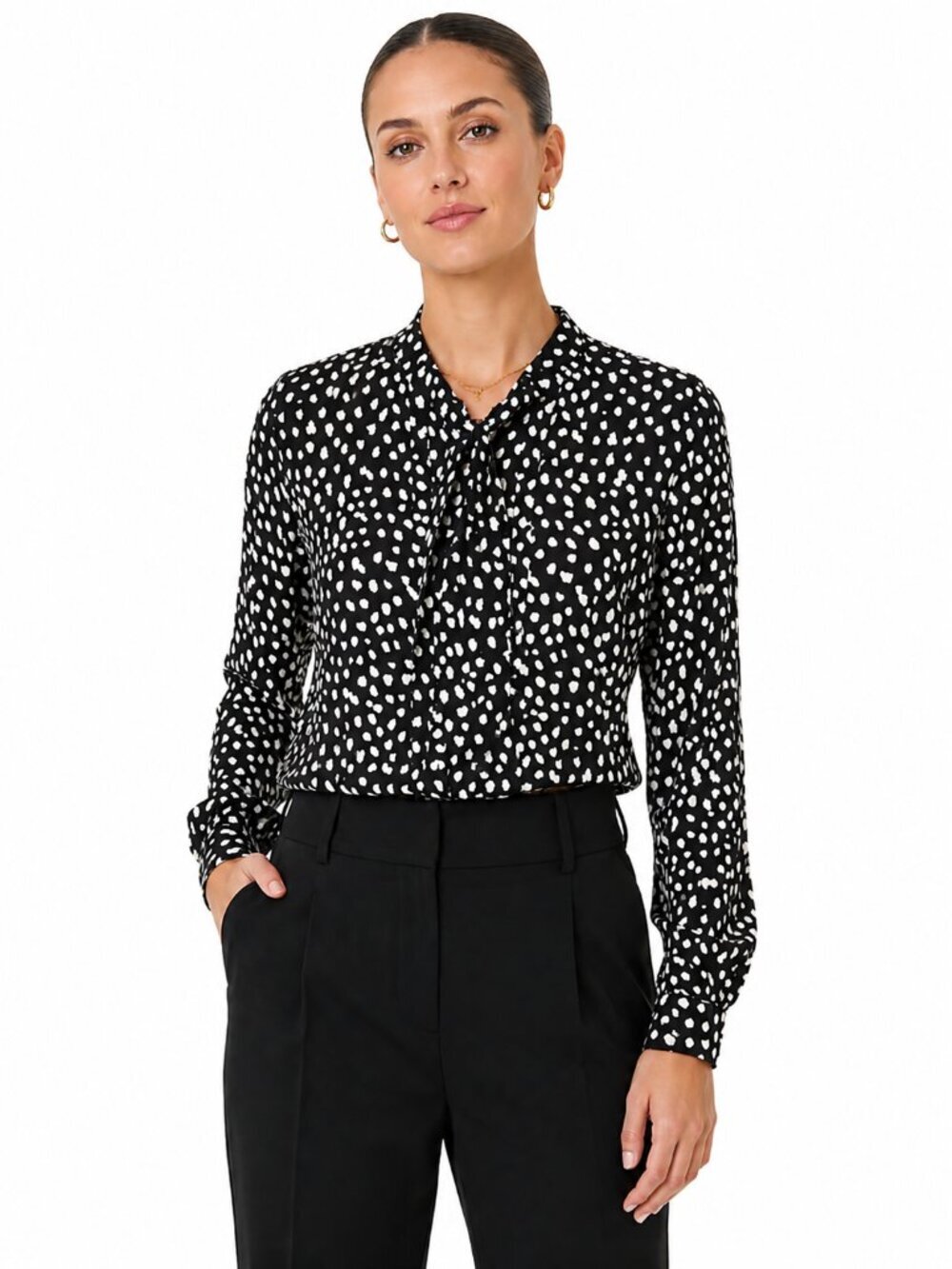 Anine Bing Women's 100% Silk Blouse Black White Tie Neck Button Down Work Size M